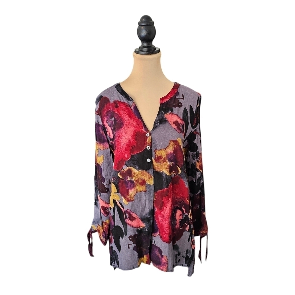 Habitat Dark Floral Button Up Blouse With Tie Sleeve Details Sz M